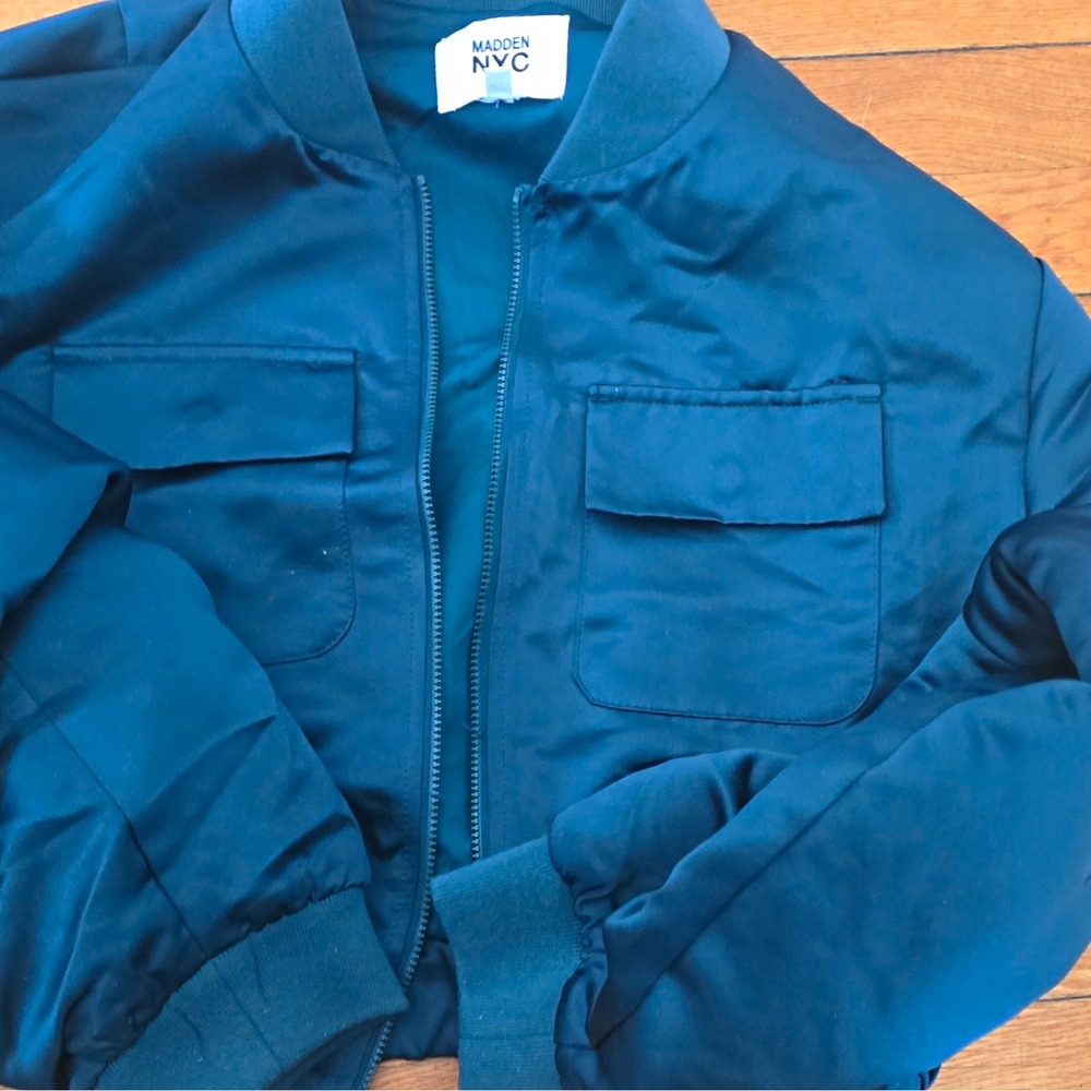 Madden NYC Women's Blue Bomber Jacket Full Zip Pockets Short XS